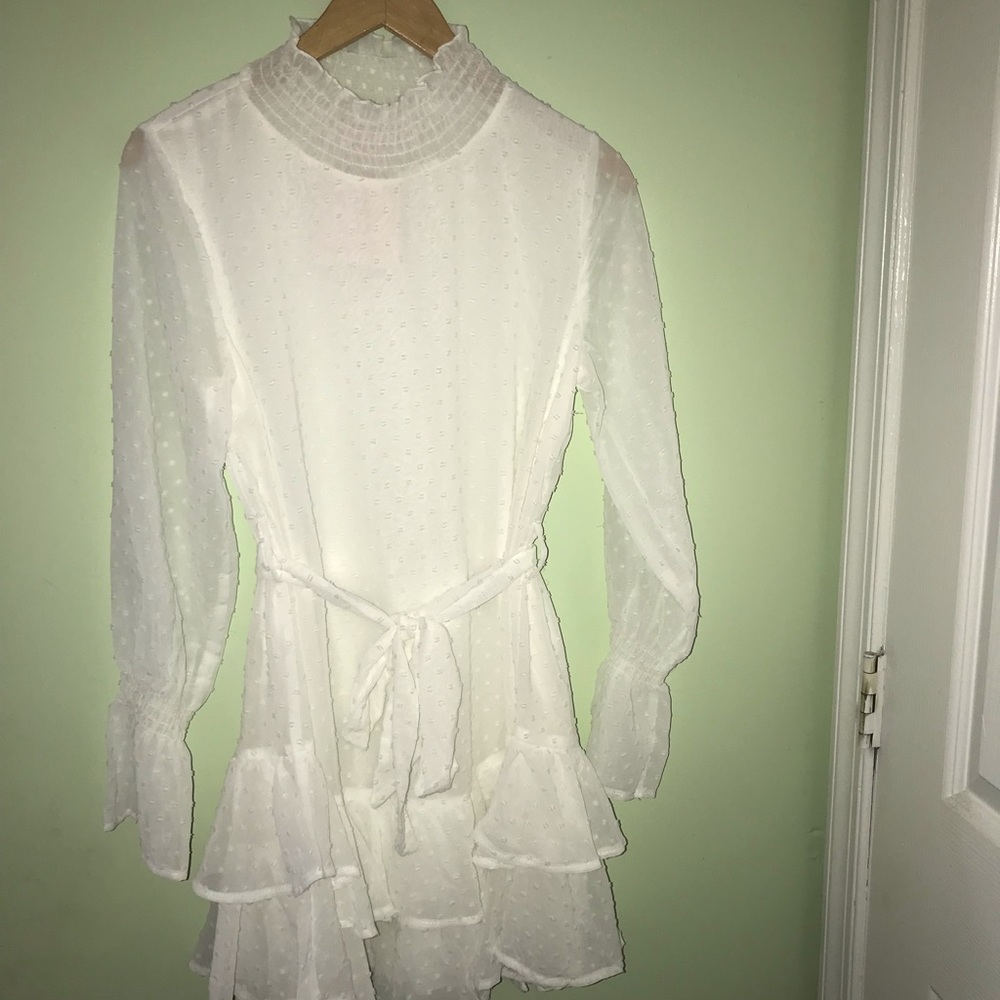 High neck polka dot frill dress
